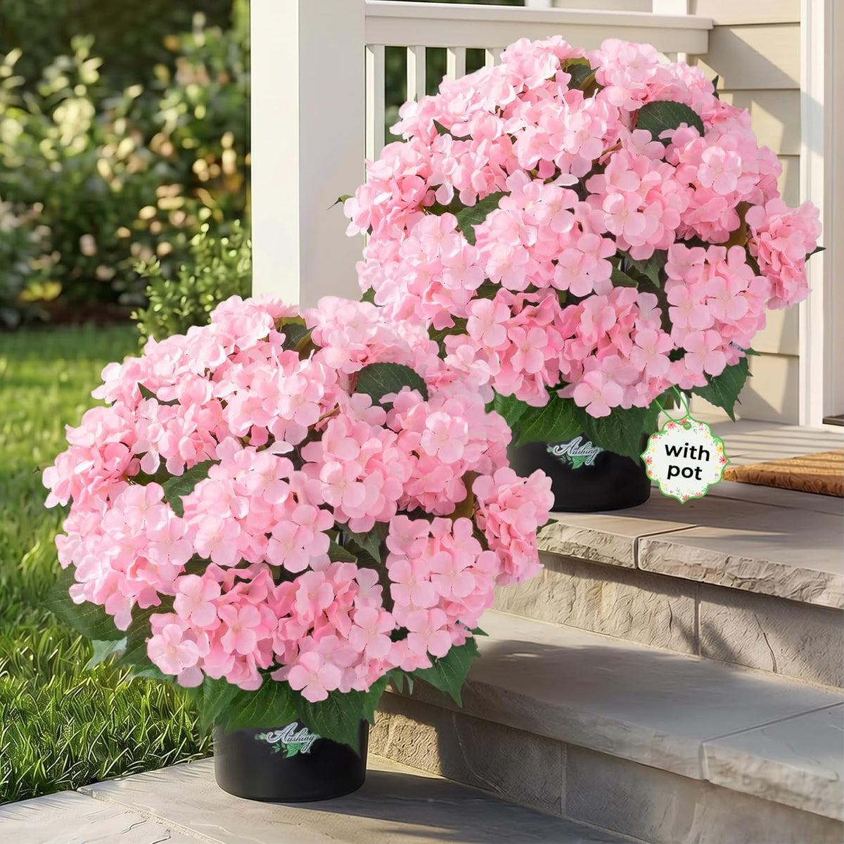 2 Potted Pink Hydrangea Artificial Flowers, Faux Hydrangea Outdoor