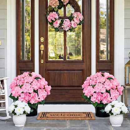 2 Potted Pink Hydrangea Artificial Flowers, Faux Hydrangea Outdoor