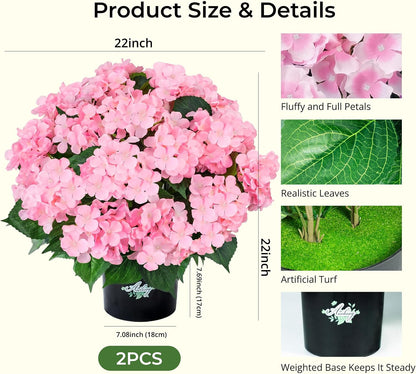 2 Potted Pink Hydrangea Artificial Flowers, Faux Hydrangea Outdoor