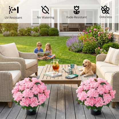 2 Potted Pink Hydrangea Artificial Flowers, Faux Hydrangea Outdoor