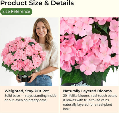 2 Potted Pink Hydrangea Artificial Flowers, Faux Hydrangea Outdoor