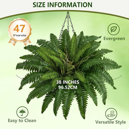 36In Artificial Boston Ferns Bush, Set of 2 Large Faux Ferns Plants, 39 Branches Fake Ferns Vines for Home Living Room Decor, Indoor and Outdoor