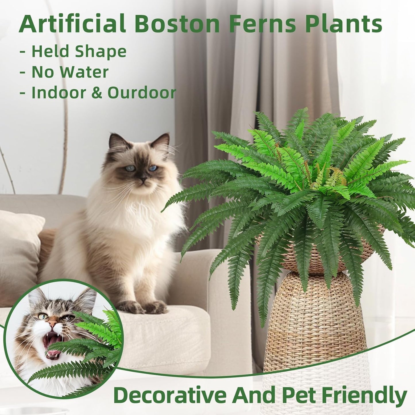 36In Artificial Boston Ferns Bush, Set of 2 Large Faux Ferns Plants, 39 Branches Fake Ferns Vines for Home Living Room Decor, Indoor and Outdoor
