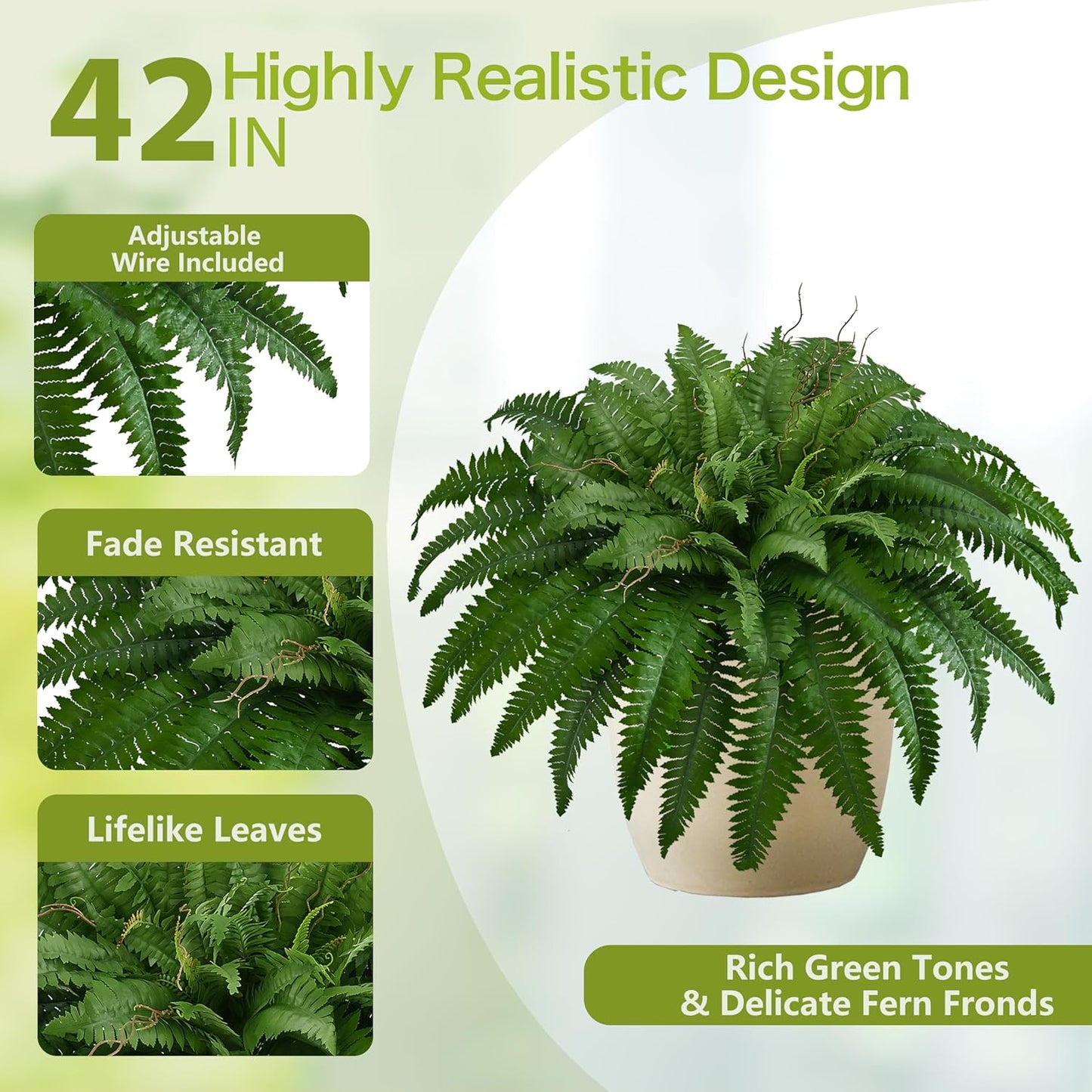 36In Artificial Boston Ferns Bush, Set of 2 Large Faux Ferns Plants, 39 Branches Fake Ferns Vines for Home Living Room Decor, Indoor and Outdoor