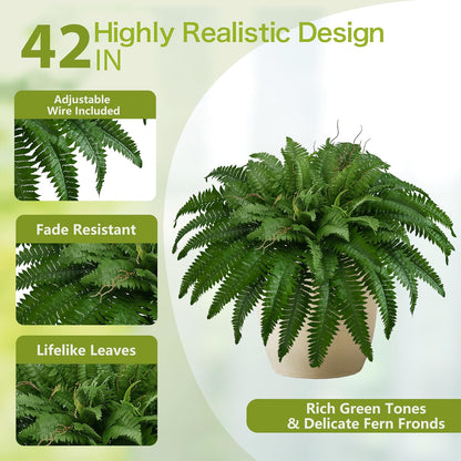 36In Artificial Boston Ferns Bush, Set of 2 Large Faux Ferns Plants, 39 Branches Fake Ferns Vines for Home Living Room Decor, Indoor and Outdoor