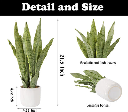 Artificial Realistic Snake Plant, White Pot, 21.5"