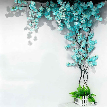 Blue Artificial Cherry Blossom Vines Trees with Fence