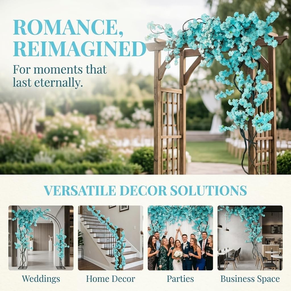 Blue Artificial Cherry Blossom Vines Trees with Fence