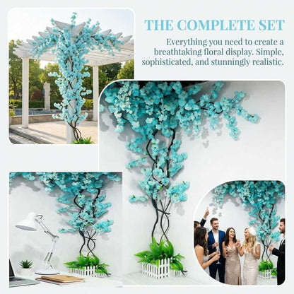 Blue Artificial Cherry Blossom Vines Trees with Fence