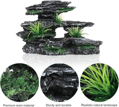 Aquarium Decor Mountain View Stone Ornament, Premium Landscape Fish Tank Decorations, Fish Tank Accessories, Ideal for Betta, Snails, Turtle, Hiding, Playing, Basking and Resting Spots