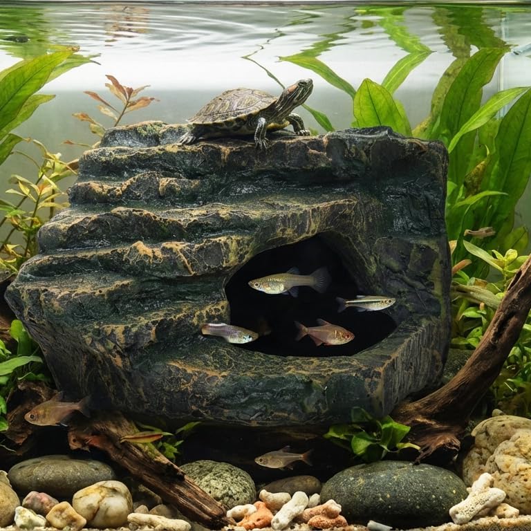 Aquarium Decor Mountain View Stone Ornament, Premium Landscape Fish Tank Decorations, Fish Tank Accessories, Ideal for Betta, Snails, Turtle, Hiding, Playing, Basking and Resting Spots