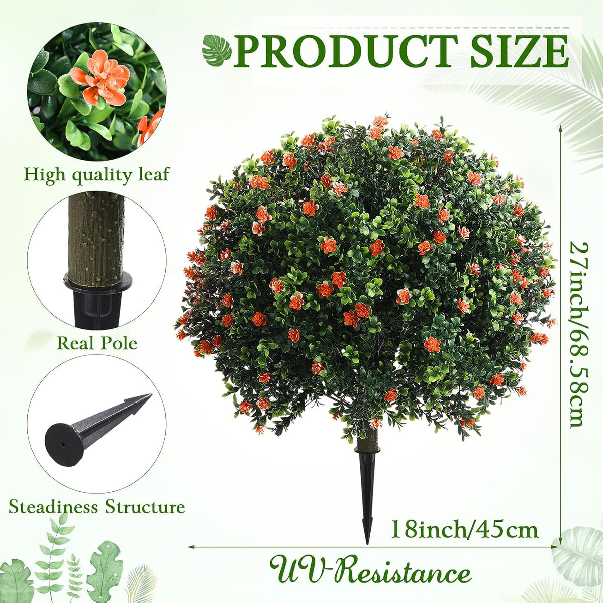 2 Pack Fall Topiary Boxwood Ball Tree 27", Orange, 27x18inch