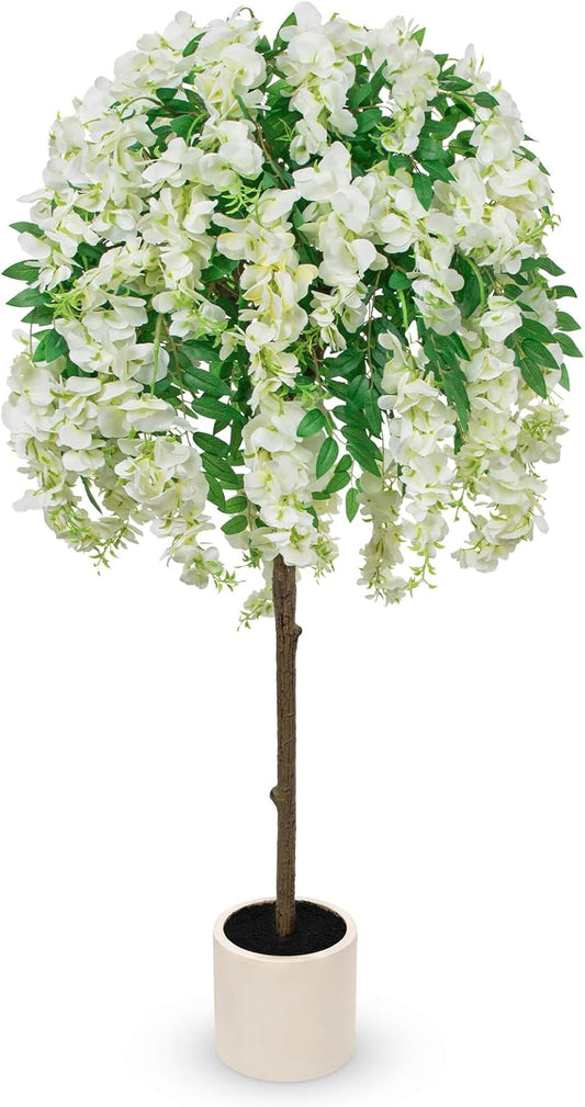 4FT Artificial Wisteria Tree in Pot, Faux Potted Floor Plant with Cascading Flowers, Realistic Fake Tree in Cream White Planter for Home Indoor Living Room Corner, Bedroom & Wedding Decor, Purple