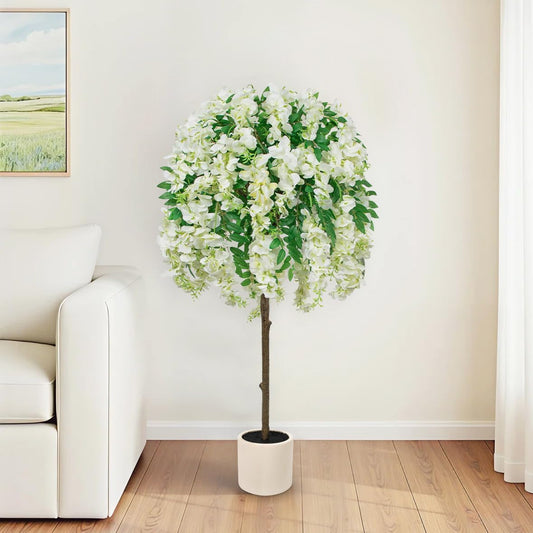 4FT Artificial Wisteria Tree in Pot, Faux Potted Floor Plant with Cascading Flowers, Realistic Fake Tree in Cream White Planter for Home Indoor Living Room Corner, Bedroom & Wedding Decor, Purple