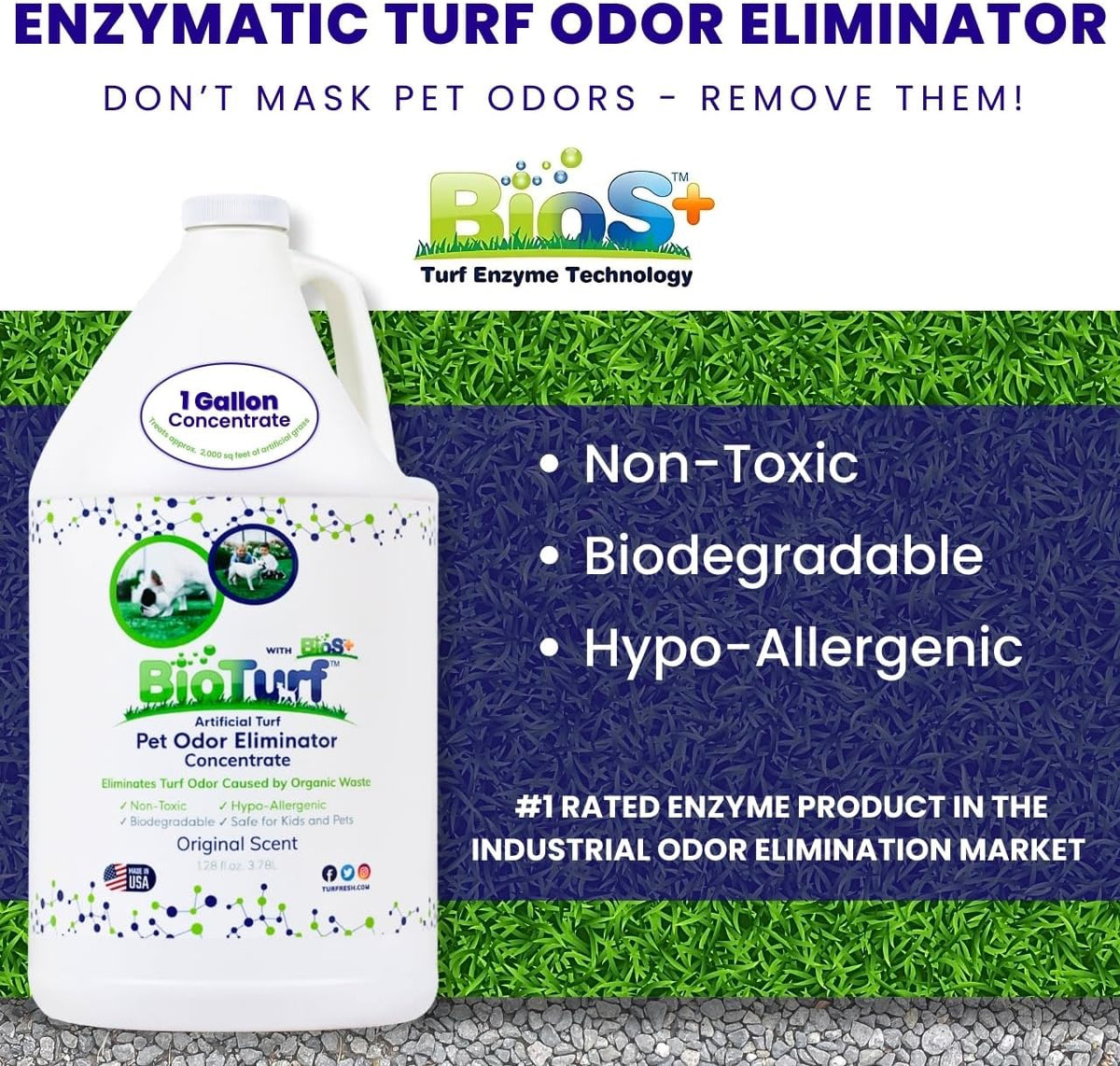 BioTurf BioS+ Turf Cleaner for Pet Urine Outdoor – Artificial Turf Cleaner Deodorizer Concentrate – Fake Grass & Yard Deodorizer for Dog Urine & Feces – Enzyme Kennel Odor Eliminator 32oz 2pk