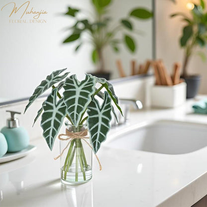 Artificial Flowers Turtle-Back, Alocasia Leaf, in Glass Vase with Faux Water,7Pcs Artificial Leaves Real Touch Latex Leaves for Centerpiece (1, Turtle-Back Leaf)