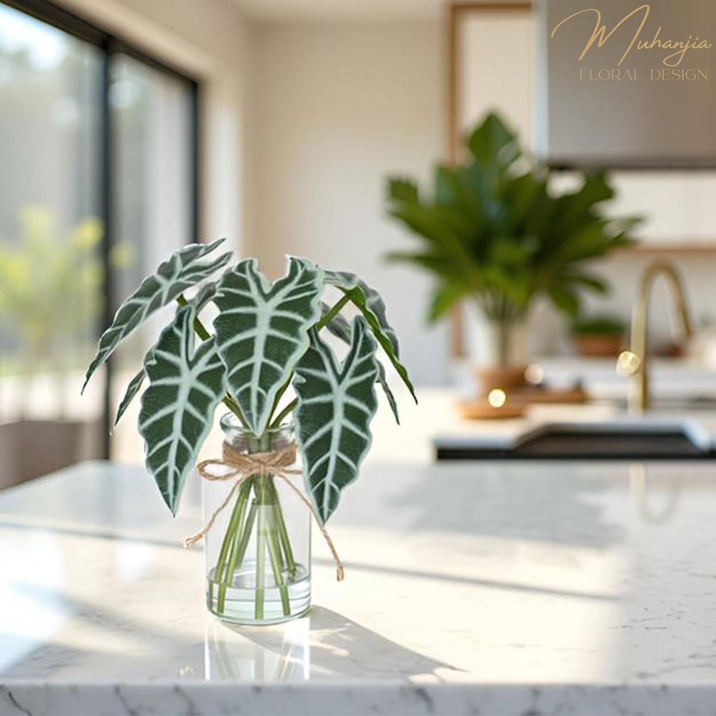 Artificial Flowers Turtle-Back, Alocasia Leaf, in Glass Vase with Faux Water,7Pcs Artificial Leaves Real Touch Latex Leaves for Centerpiece (1, Turtle-Back Leaf)