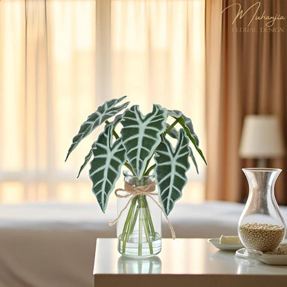 Artificial Flowers Turtle-Back, Alocasia Leaf, in Glass Vase with Faux Water,7Pcs Artificial Leaves Real Touch Latex Leaves for Centerpiece (1, Turtle-Back Leaf)