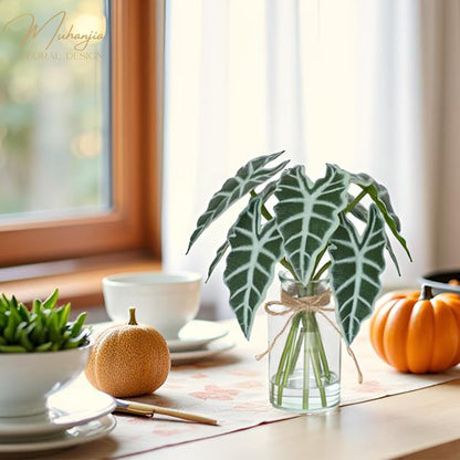 Artificial Flowers Turtle-Back, Alocasia Leaf, in Glass Vase with Faux Water,7Pcs Artificial Leaves Real Touch Latex Leaves for Centerpiece (1, Turtle-Back Leaf)