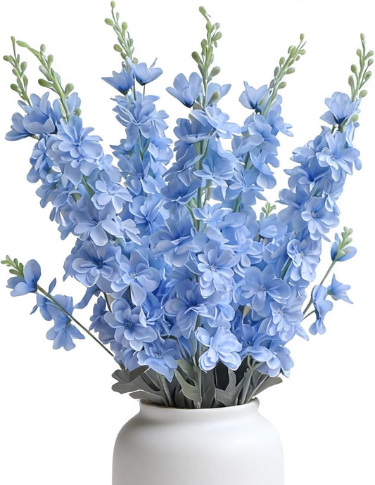 8pcs Sky Blue Silk Delphinium Artificial Flowers with Long Bendable Stems