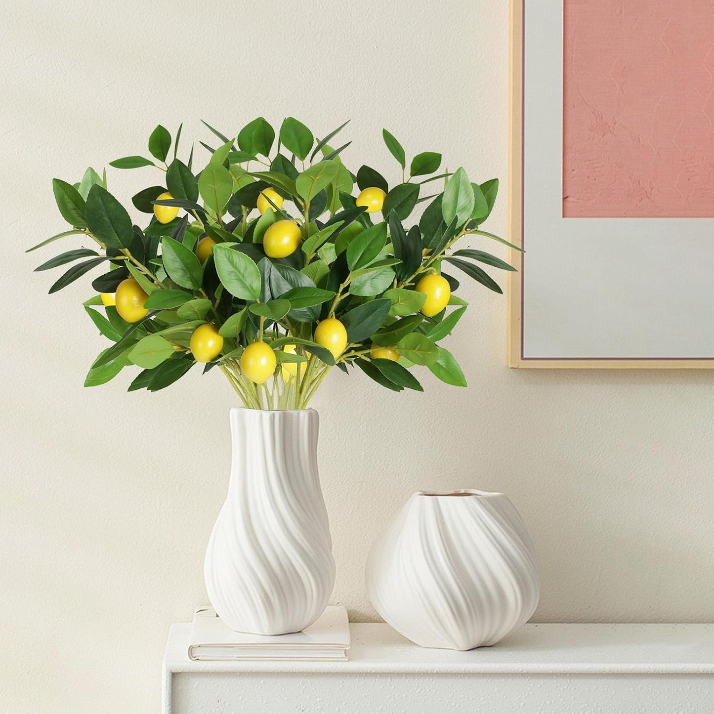 Artificial Lemon Leaves with Lemon, 4 Pack Faux Lemon Branches for Vases | Plastic Lemons Tree Bushes for Kitchen, Dining Table, Farmhouse Indoor Outdoor Home Decoration