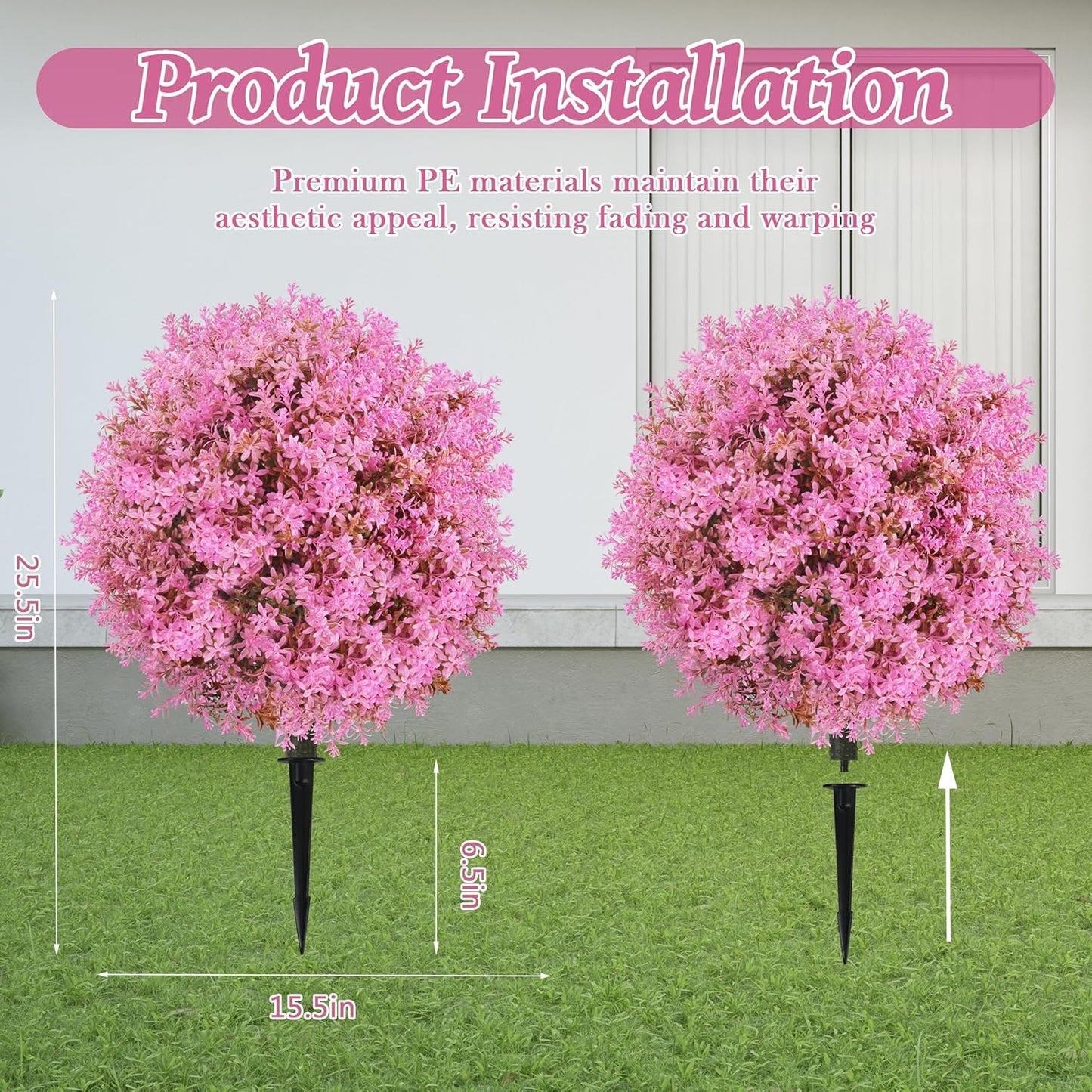 25.5" Set of 2 Artificial Lilac Flowers Tree, Faux Lilac Shrub Bushes with Ground Spike, UV Resistant Fake Delphinium Antirrhinum for Indoor, Garden, Yard, Porch, Patio Decor (Pink)