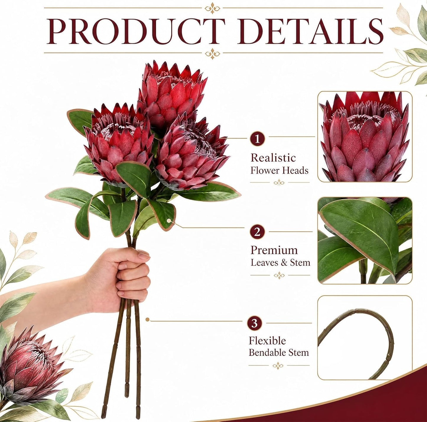 6 Pcs 1.57ft Artificial King Protea Flowers Red Silk Fake Tropical Protea Bouquet Faux Silk Flowers for Christmas Home Decor Wedding Table Centerpieces