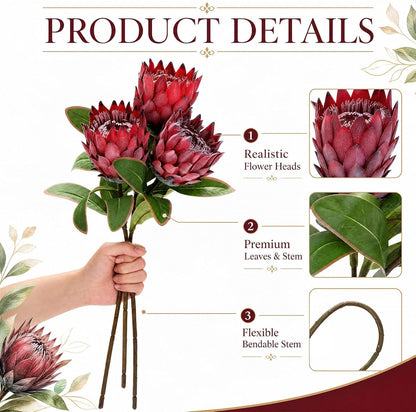 6 Pcs 1.57ft Artificial King Protea Flowers Red Silk Fake Tropical Protea Bouquet Faux Silk Flowers for Christmas Home Decor Wedding Table Centerpieces