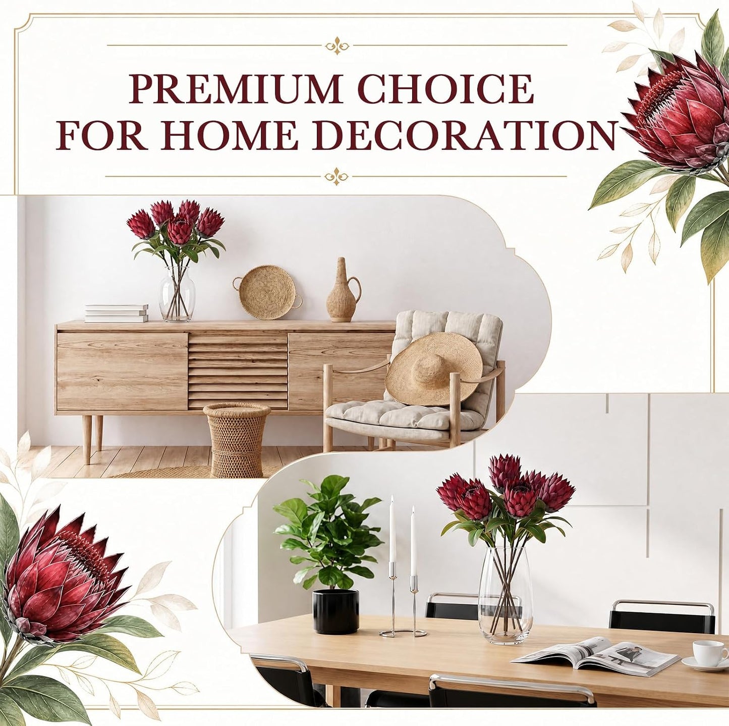 6 Pcs 1.57ft Artificial King Protea Flowers Red Silk Fake Tropical Protea Bouquet Faux Silk Flowers for Christmas Home Decor Wedding Table Centerpieces