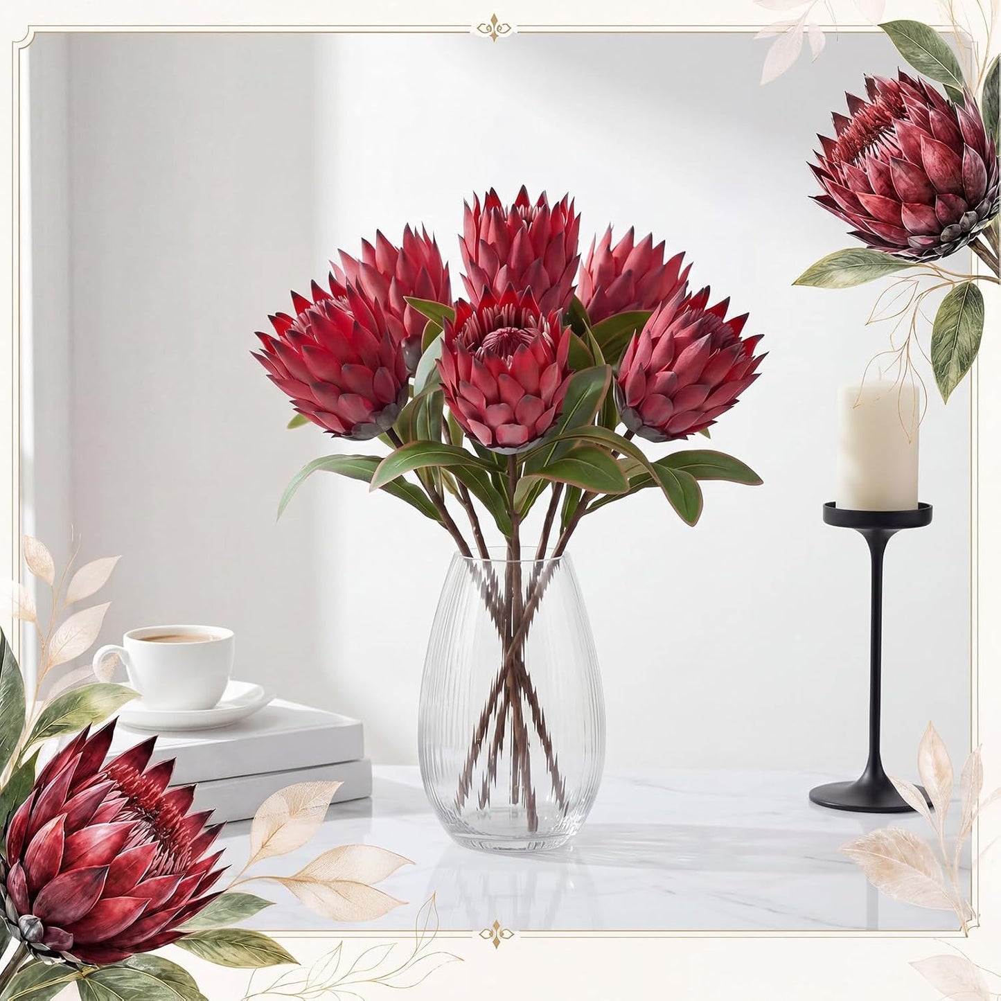 6 Pcs 1.57ft Artificial King Protea Flowers Red Silk Fake Tropical Protea Bouquet Faux Silk Flowers for Christmas Home Decor Wedding Table Centerpieces