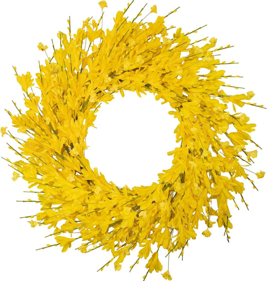 24 Inch Artificial Yellow Forsythia Flower Wreaths, Silk Leaves Paper Floral Wreath for Front Door, Spring Summer Decor, All Season Wreath for Wall Window Farmhouse Wedding Home Decor
