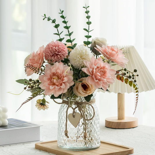 Fake Flowers with Vase,Faux Flowers in Vase for Home Decor,Silk Pink Dahlia Artificial Flowers with Vase for Coffee Table Decor,Living Room Bathroom Plant Decor, Centerpiece Table Decorations