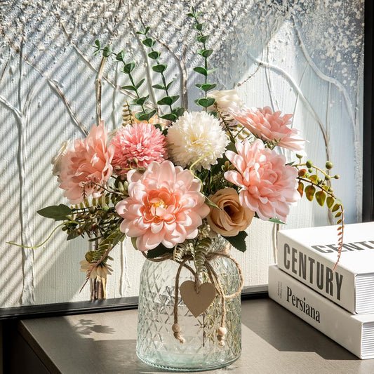 Fake Flowers with Vase,Faux Flowers in Vase for Home Decor,Silk Pink Dahlia Artificial Flowers with Vase for Coffee Table Decor,Living Room Bathroom Plant Decor, Centerpiece Table Decorations