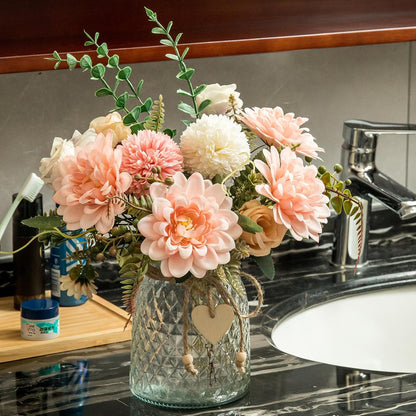 Fake Flowers with Vase,Faux Flowers in Vase for Home Decor,Silk Pink Dahlia Artificial Flowers with Vase for Coffee Table Decor,Living Room Bathroom Plant Decor, Centerpiece Table Decorations