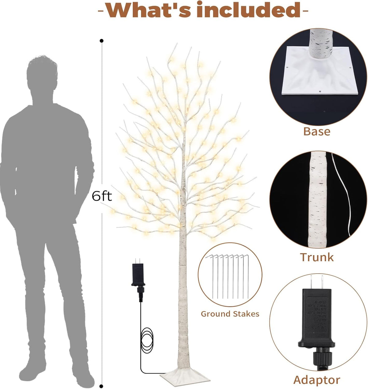 Set of 2 6 feet Lighted Birch Tree, 160 LED Warm White, for Home, Festival, Party, and Christmas Decoration, Indoor and Outdoor Use, 8 Functions