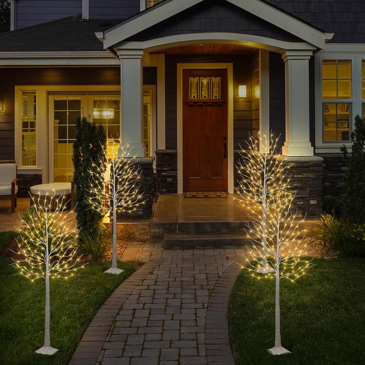 Set of 2 6 feet Lighted Birch Tree, 160 LED Warm White, for Home, Festival, Party, and Christmas Decoration, Indoor and Outdoor Use, 8 Functions