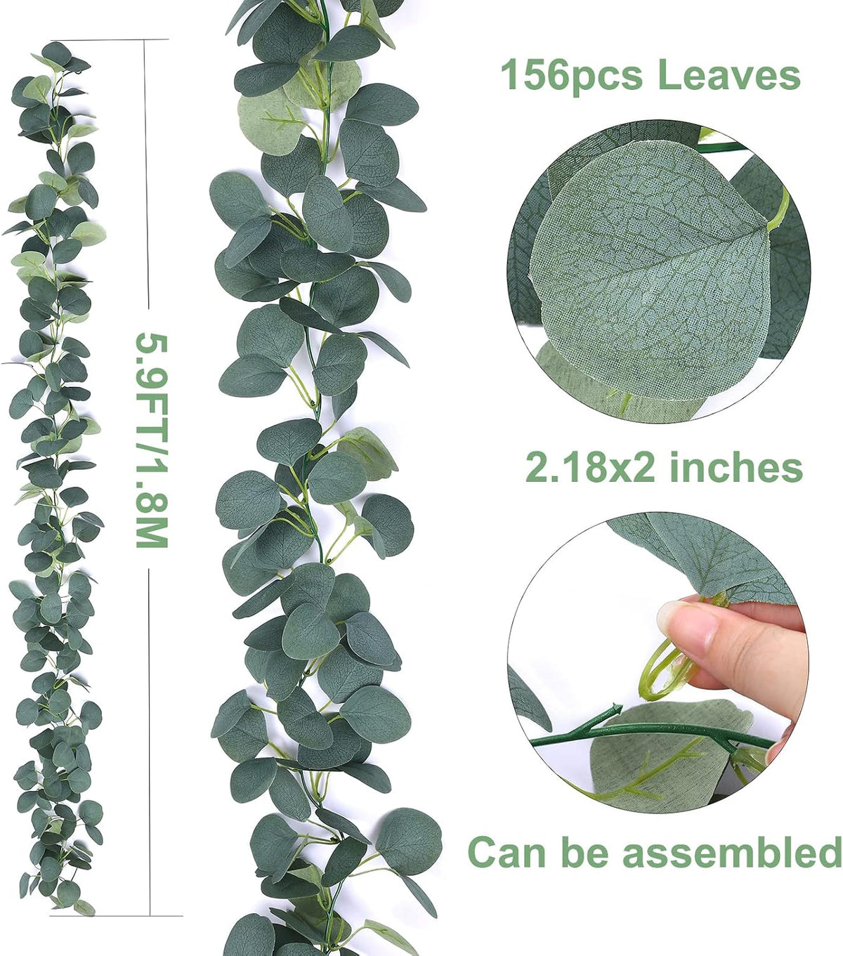 2 Pack Artificial Eucalyptus Garland Faux Silk Leaf Silver Dollar Eucalyptus Leaves Vines Handmade Garland Greenery Wedding Backdrop Indoor Outdoor Arch Wall Decoration