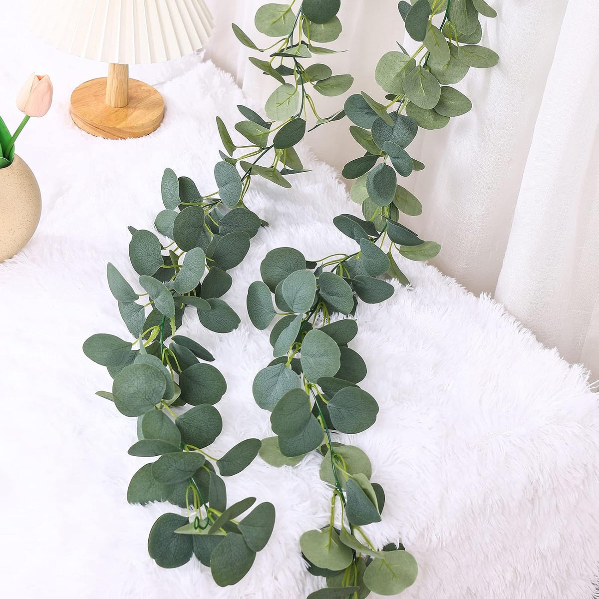 2 Pack Artificial Eucalyptus Garland Faux Silk Leaf Silver Dollar Eucalyptus Leaves Vines Handmade Garland Greenery Wedding Backdrop Indoor Outdoor Arch Wall Decoration