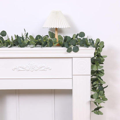 2 Pack Artificial Eucalyptus Garland Faux Silk Leaf Silver Dollar Eucalyptus Leaves Vines Handmade Garland Greenery Wedding Backdrop Indoor Outdoor Arch Wall Decoration