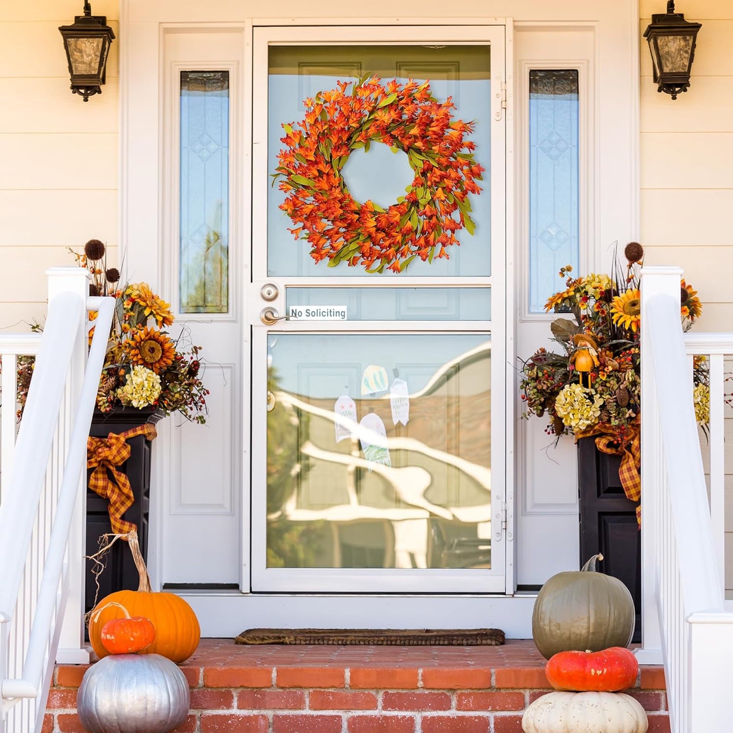 Artificial Fall Wreath 22’’ Autumn Front Door Wreath with Forsythia Flowers Greenery Leaves Orange Berries for Outside Indoor Wall Window Festival Thanksgiving Fall Harvest Autumn Decor