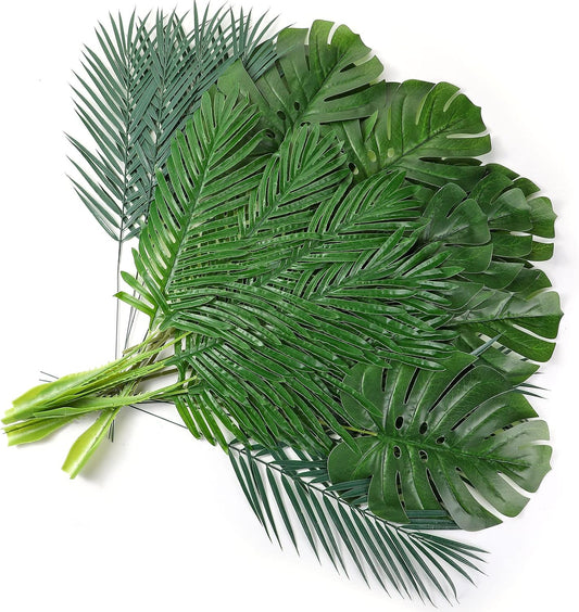 24 Pcs Artificial Palm Leaves with Stems 3 Kind, Classic, Large