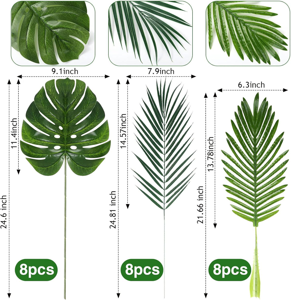 24 Pcs Artificial Palm Leaves with Stems 3 Kind, Classic, Large