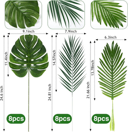 24 Pcs Artificial Palm Leaves with Stems 3 Kind, Classic, Large