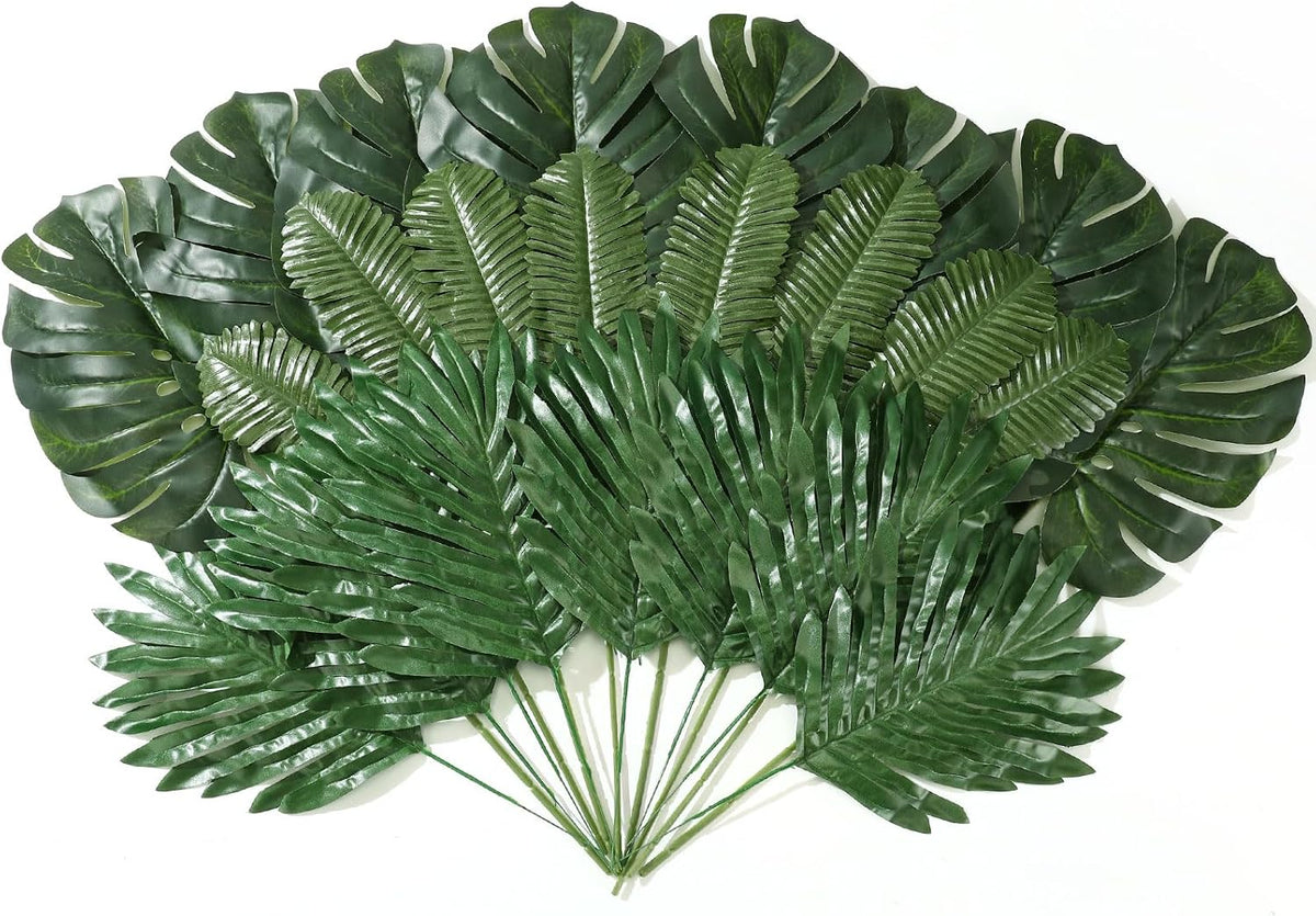 24 Pcs Artificial Palm Leaves with Stems 3 Kind, Classic, Large
