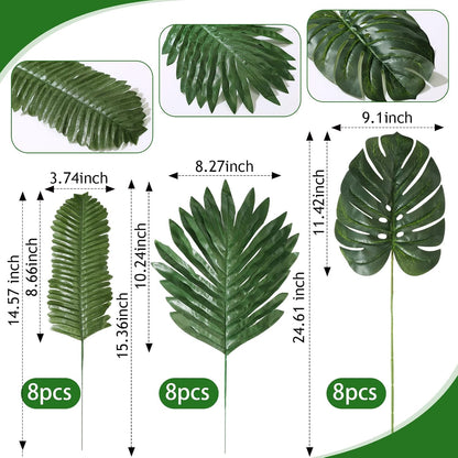24 Pcs Artificial Palm Leaves with Stems 3 Kind, Classic, Large