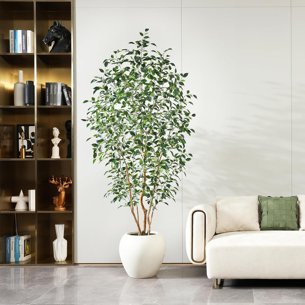 8FT Artificial Ficus Tree, Indoor Faux Ficus Plant with Realistic Leaves & Natural Wood Trunk, 8ft Tall, Green, All Seasons, Perfect for Living Room Home Decor