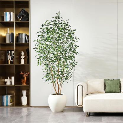 8FT Artificial Ficus Tree, Indoor Faux Ficus Plant with Realistic Leaves & Natural Wood Trunk, 8ft Tall, Green, All Seasons, Perfect for Living Room Home Decor