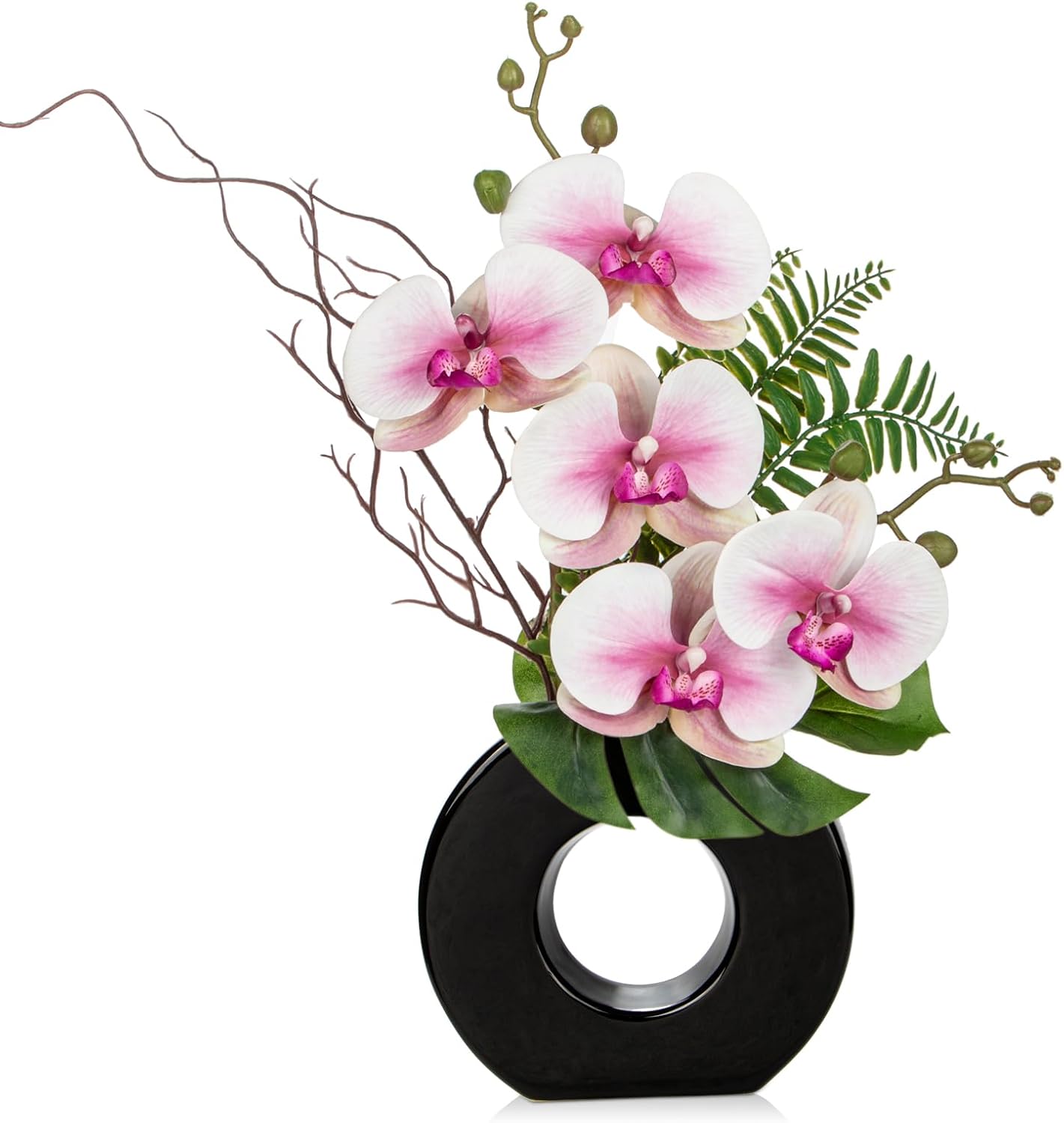 Orchid Artificial Flowers in White Ceramic Vase, 16.1'' | Realistic White Silk Blooms Faux Orchid Arrangement for Bathroom Vanities Entryways Desks Shelf Home Office Decor