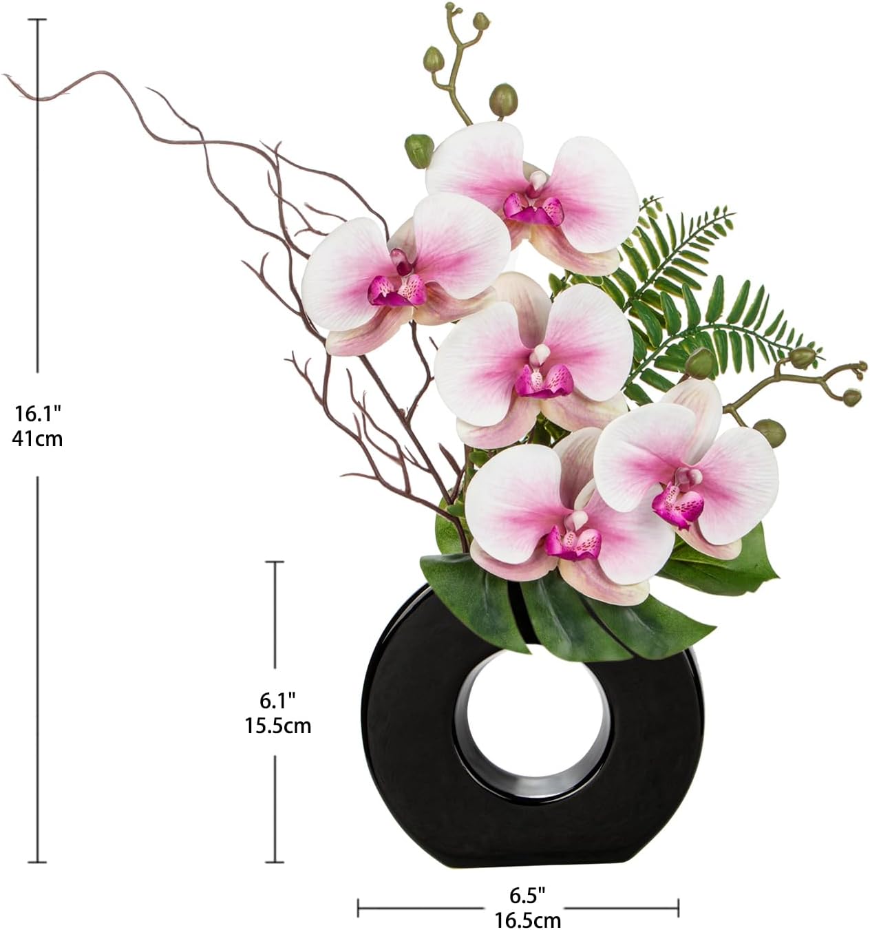 Orchid Artificial Flowers in White Ceramic Vase, 16.1'' | Realistic White Silk Blooms Faux Orchid Arrangement for Bathroom Vanities Entryways Desks Shelf Home Office Decor