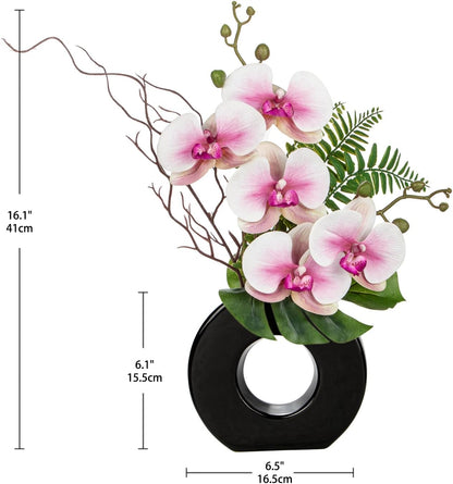 Orchid Artificial Flowers in White Ceramic Vase, 16.1'' | Realistic White Silk Blooms Faux Orchid Arrangement for Bathroom Vanities Entryways Desks Shelf Home Office Decor